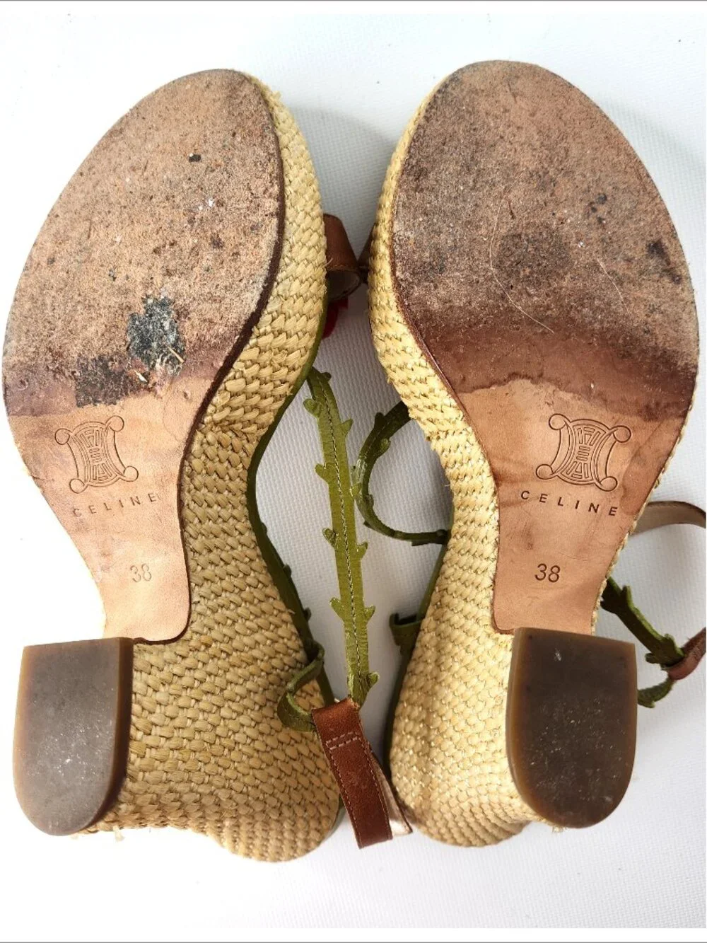 CELINE vintage 38 woman ROSEBUDS Leather & raffia Platform Sandals Authentic - Picture 5 of 5
